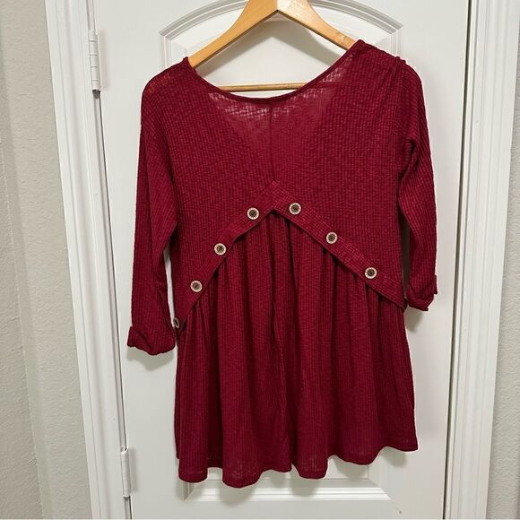 Altar’d State Blouse Baby Doll Maroon V Neck Top Size Small - Picture 2 of 3